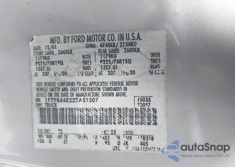 2002 Ford Ranger Xlt из США, поврежденный, VIN 1FTYR44E22TA51507